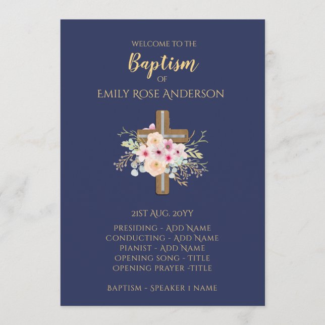 Programme de baptême - Floral Cross BLUE Gold (Devant)