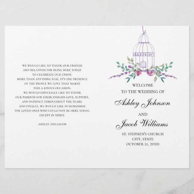 Programme de cage à oiseaux de mariage plié. Fleur (Devant)