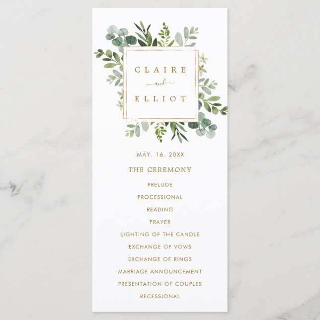 Programme de cérémonie de mariage à la verdure dor (Devant)