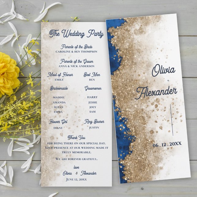 Programme de cérémonie de mariage abstrait or bleu (Royal Blue Gold Wedding Program Card | Elegant Formal Ceremony Program)