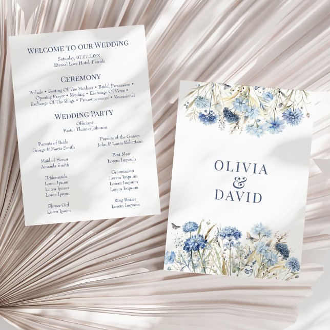 Programme de cérémonie de mariage au jardin de la  (Boho French Blue Wildflower Meadow Wedding Program on a sunny dry palm leaf.)