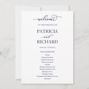 Programme de cérémonie de mariage chic bleu marine