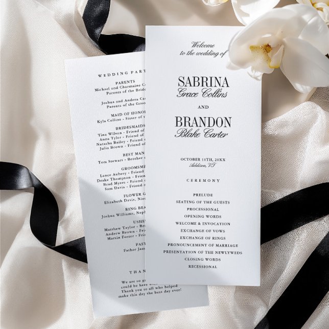 Programme de cérémonie de mariage classique modern (Modern Classic Black Wedding Ceremony Program)