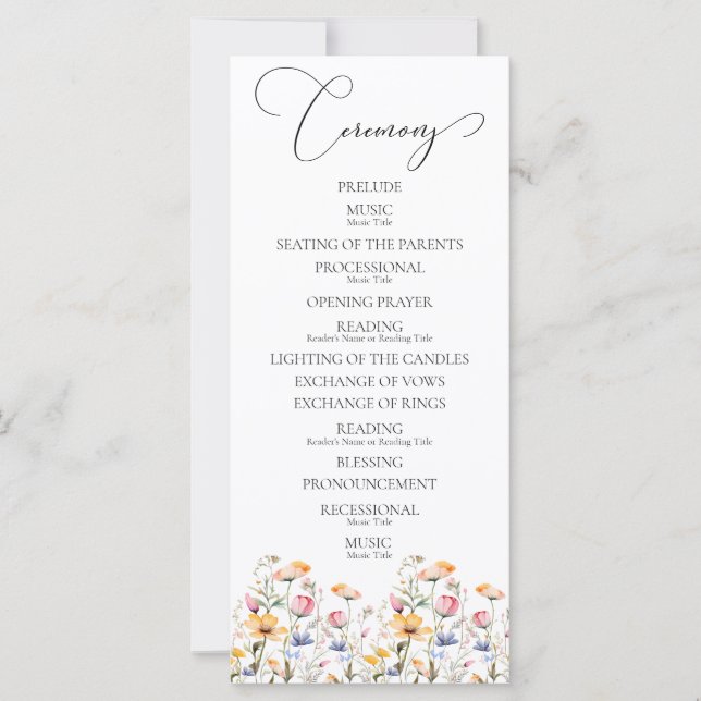 Programme de cérémonie de mariage dans un pré de f (Devant)