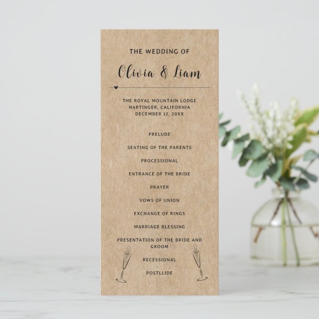 Programme de cérémonie de Mariage de papier rustiq (Debout devant)