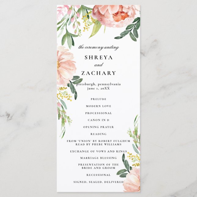Programme de Cérémonie de Mariage de pivoine rose  (Devant)