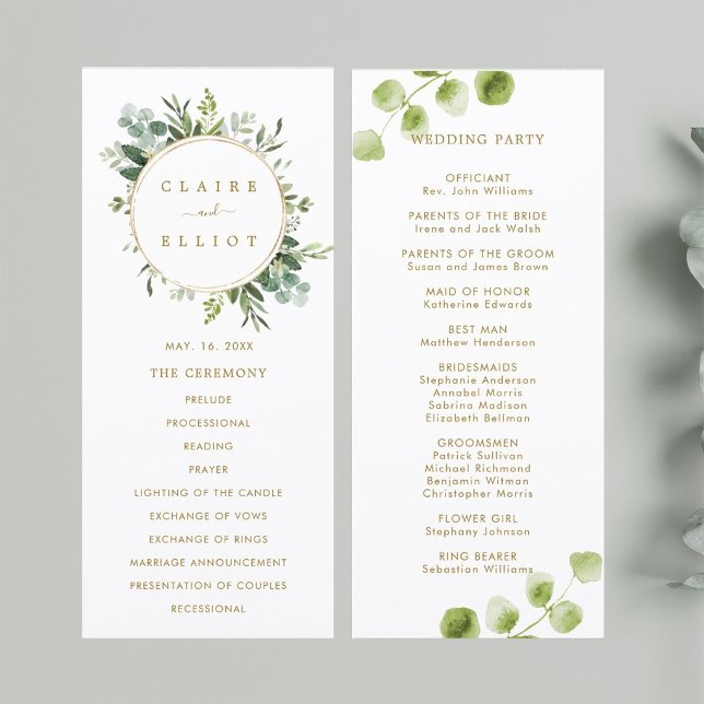 Programme de cérémonie de mariage en verdure dorée (Front & Back)