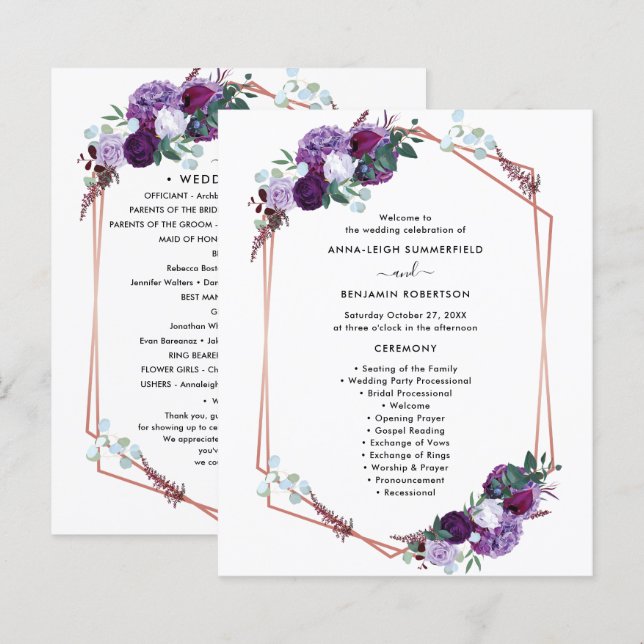 Programme de cérémonie de Mariage floral pourpre (Devant / Derrière)