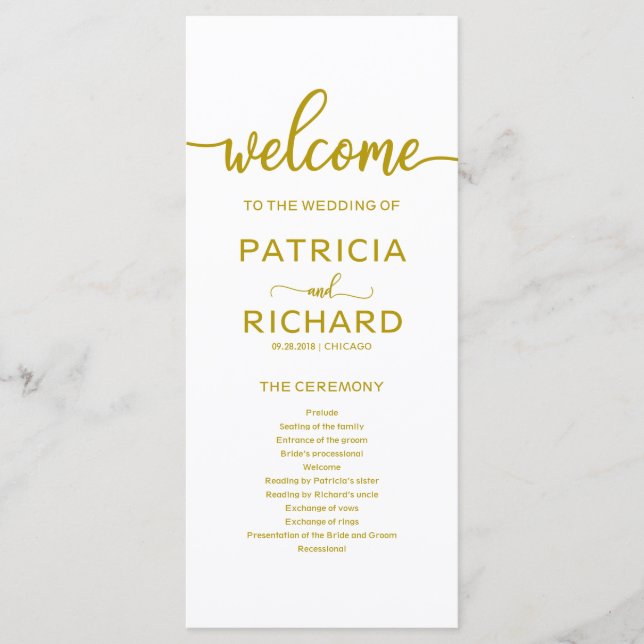 Programme de cérémonie de mariage or (Devant)