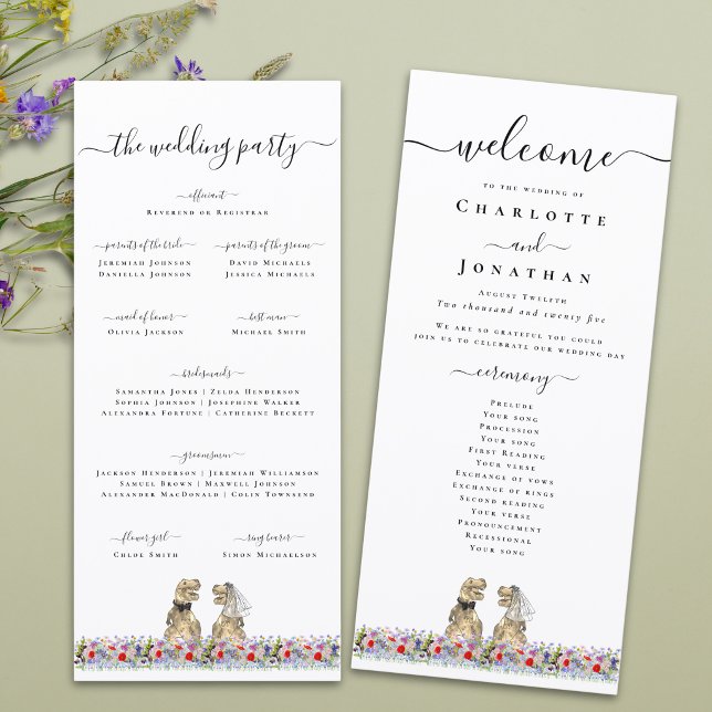 Programme de cérémonie de mariage sur le thème des (T-Rex bride and groom funny dinosaur wedding ceremony program card Boho watercolor wildflower meadow)