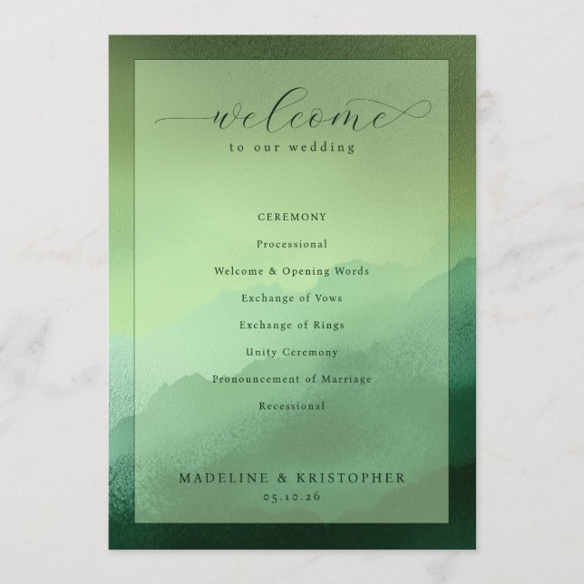 Programme de cérémonie de mariage Vert Sérénité (Devant)
