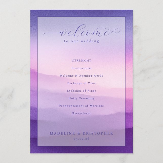 Programme de cérémonie de mariage violet serein (Devant)