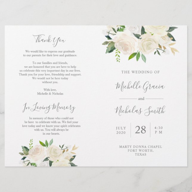 Programme de cérémonie mariage Crème Aquarelle Flo (Devant)