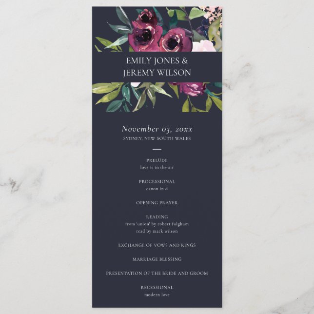 PROGRAMME DE CÉRÉMONIE MARIAGE DE LA FLORE BURGUND (Devant)