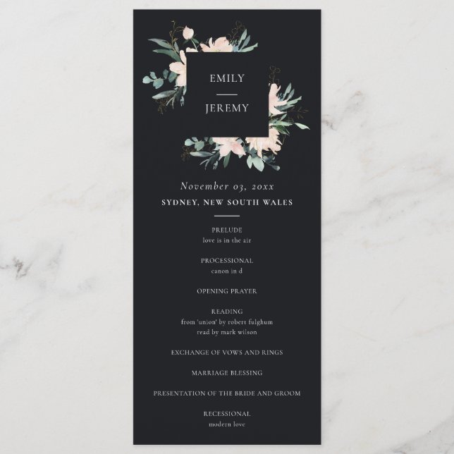 PROGRAMME DE CÉRÉMONIE MARIAGE FLORALE BLACK BLUSH (Devant)