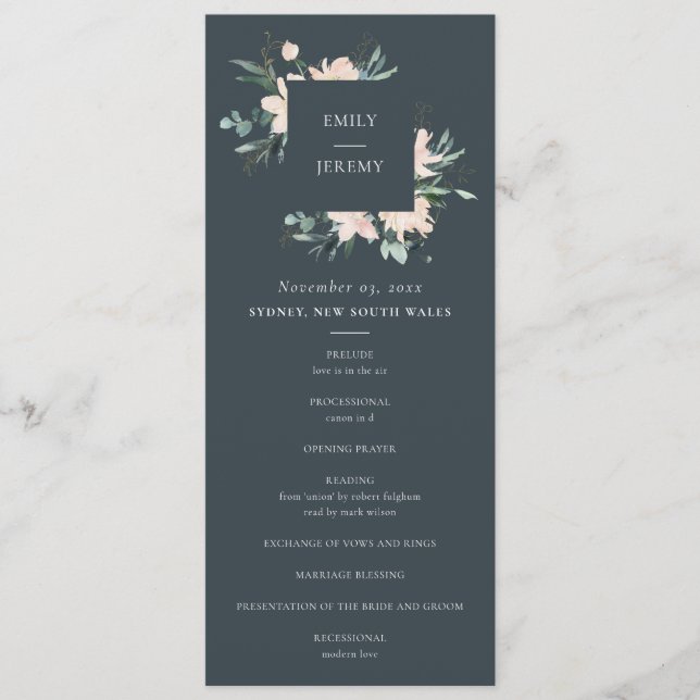 PROGRAMME DE CÉRÉMONIE MARIAGE FLORALE EN OR BLEU  (Devant)