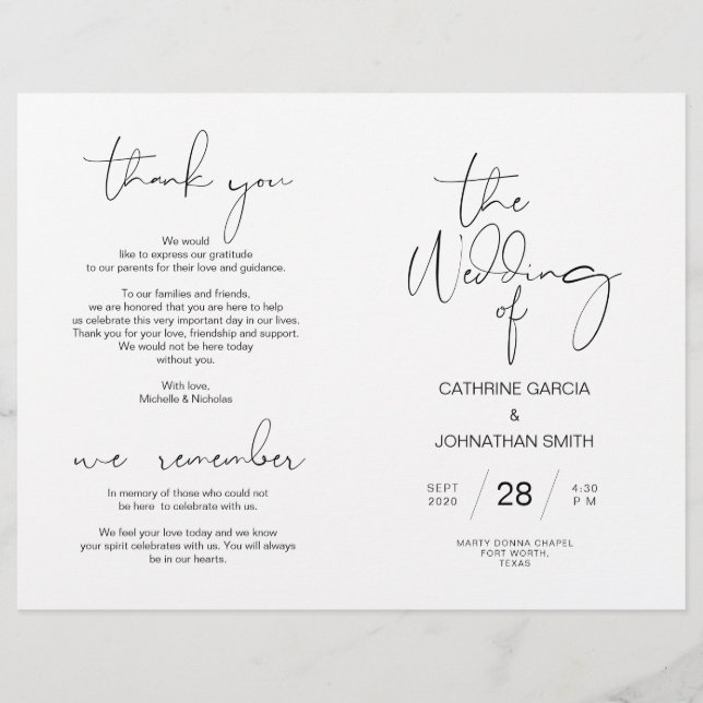 Programme de cérémonie mariage, minimaliste modern (Devant)