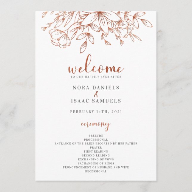 Programme de cérémonie Mariage rose Gold Greenery (Devant)