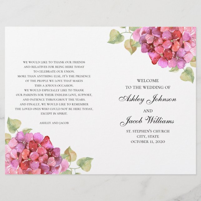 Programme de fleurs roses d'aquarelle. Mariage flo (Devant)