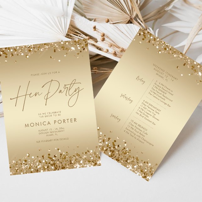 Programme de la fête de poule dorée, week-end d'en (Gold Hen Party Itinerary, Bachelorette Weekend Invitation)