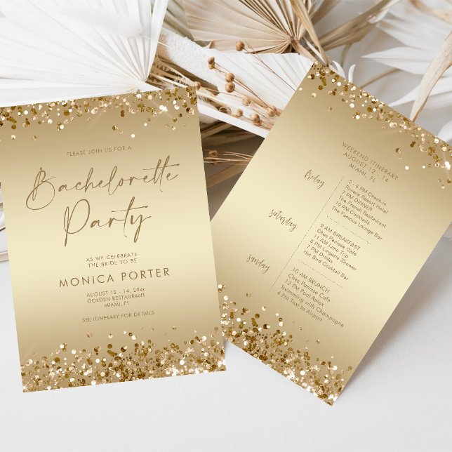 Programme de l'enterrement de vie de jeune fille e (Gold Bachelorette Party Itinerary, Hen Weekend Invitation)
