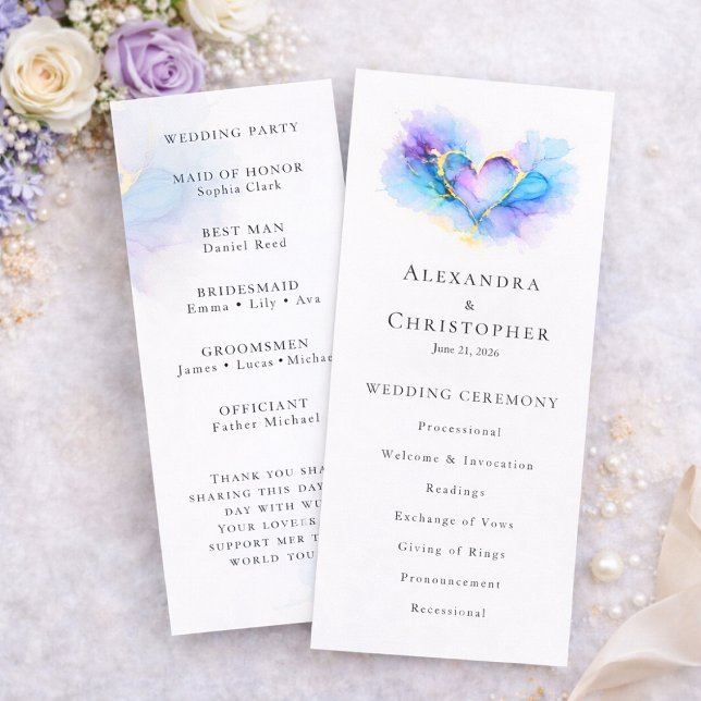Programme de mariage à coeur abstrait bleu violet  (Créateur téléchargé)