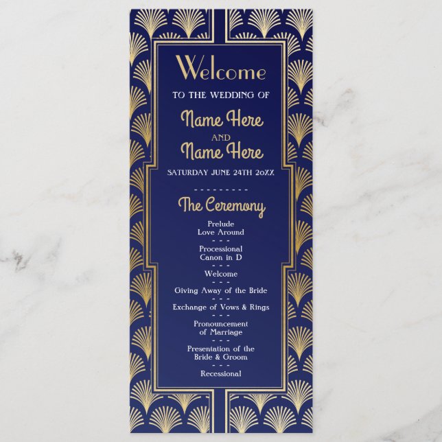 Programme de mariage à l'aquarelle Art déco doré d (Devant)