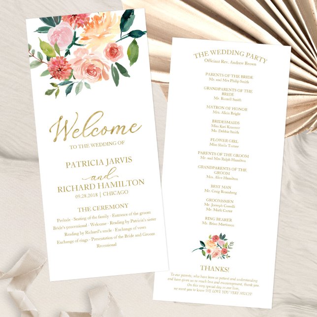 Programme de mariage à l'aquarelle florale dorée é (Créateur téléchargé)