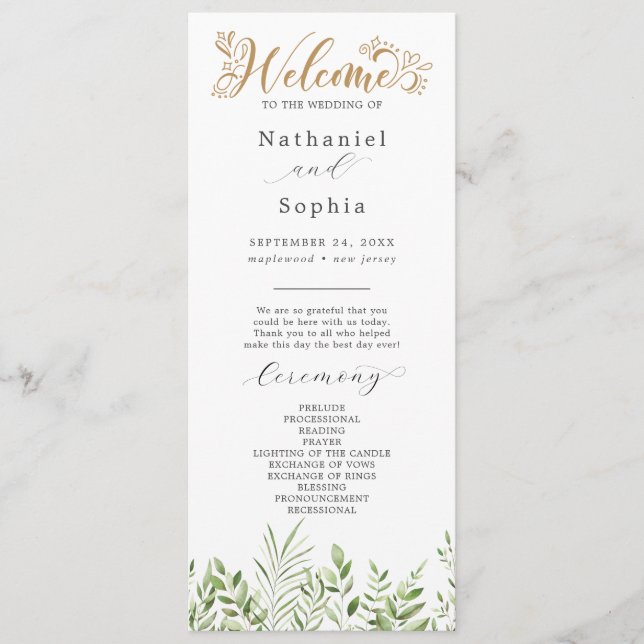 Programme de mariage à l'aquarelle Gold Green (Devant)