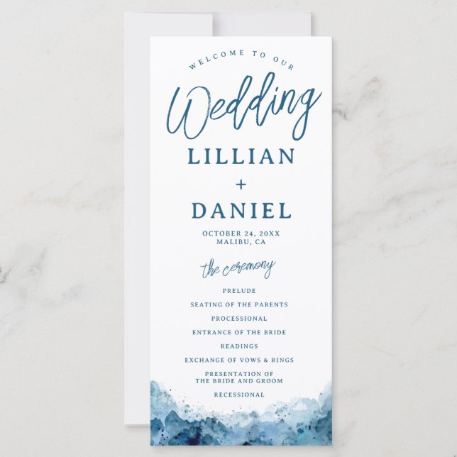 Programme de mariage à l'aquarelle sur l'océan de  (Devant)