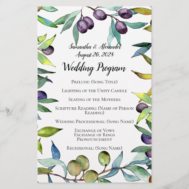 Programme de mariage à l'aquarelle toscane aux oli (Devant)