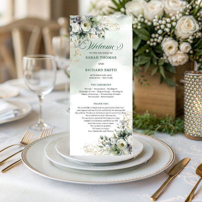 Programme de mariage à l'aquarelle vert poussiéreu (Dusty Green Watercolor Greenery Wedding Program)