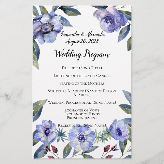 Programme de mariage à l'aquarelle violette (Devant)