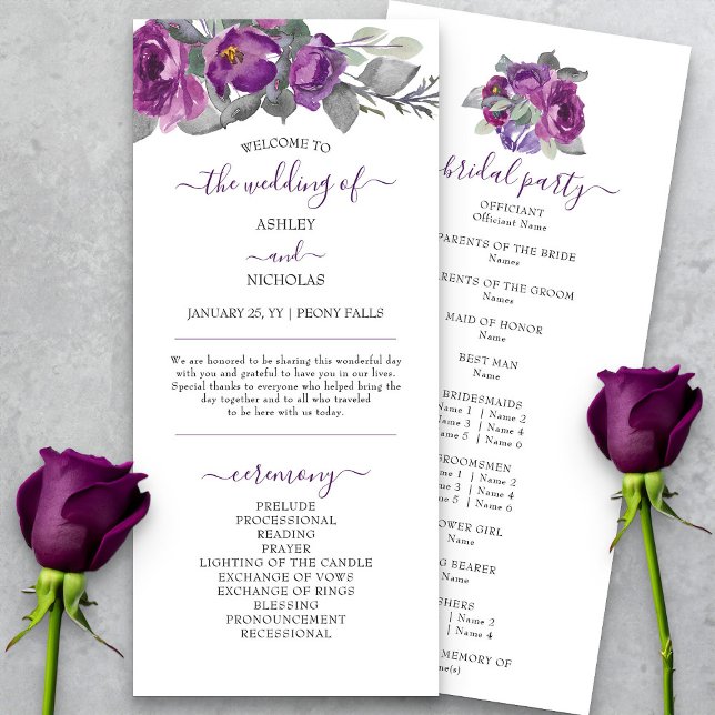 Programme de mariage à l'écriture élégante et aux  (Elegant purple floral wedding program from my Plush Purple Wedding Collection )