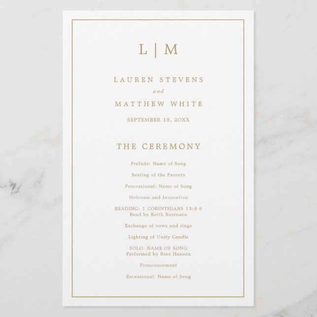 Programme de mariage à monogramme simple en or ant (Devant)
