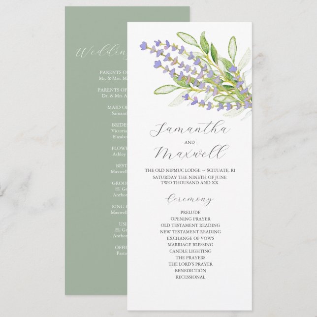 Programme de mariage aquarelle Fleurs lavande (Devant / Derrière)