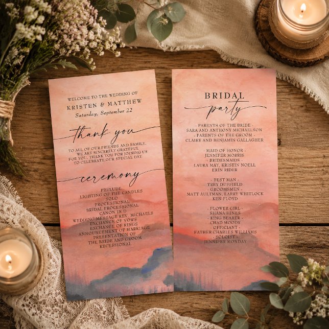 Programme de mariage aquarelle rustique au coucher (Welcome your guests and share the details of your service with this beautiful mountain program.)