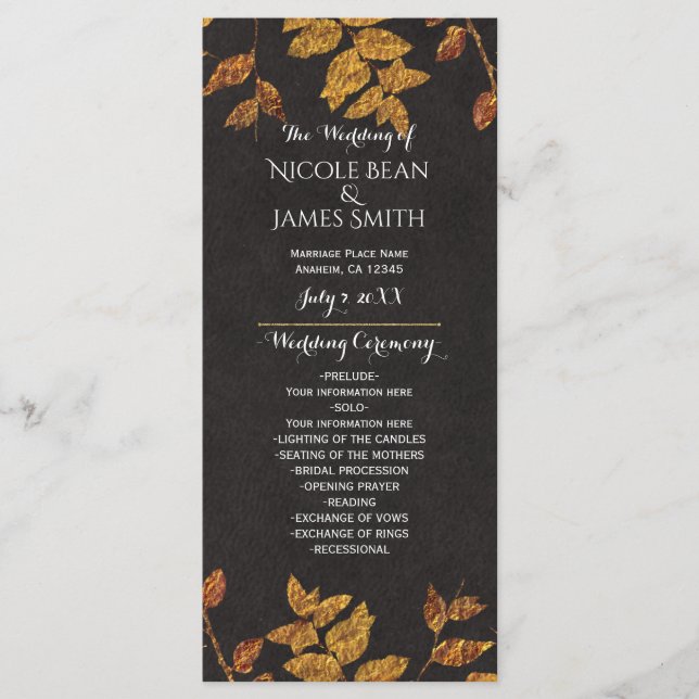 Programme de mariage aux feuilles dorées rustiques (Devant)