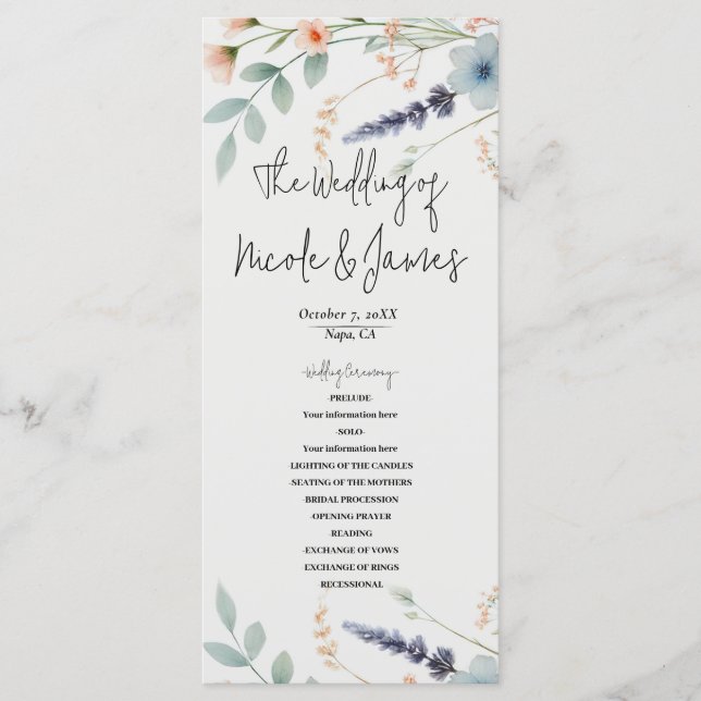 Programme de mariage aux fleurs aquarelles de fleu (Devant)