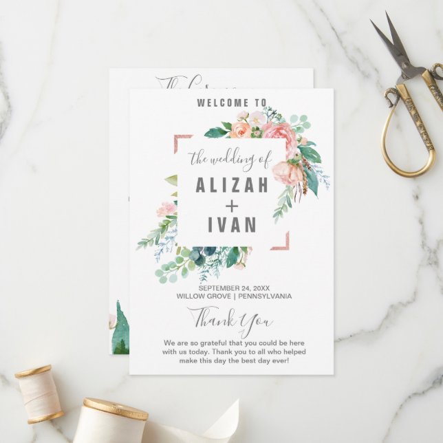 Programme de mariage aux fleurs de pivoines romant (Devant/Arrière en situation)