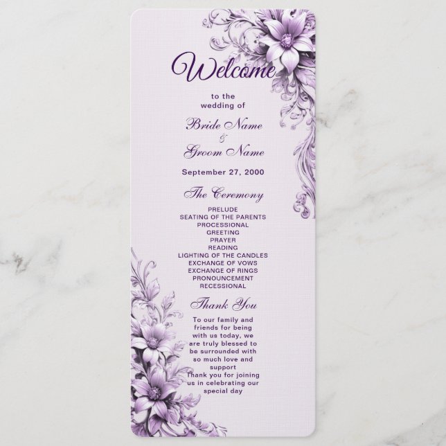 Programme de mariage aux fleurs violettes élégant (Devant)
