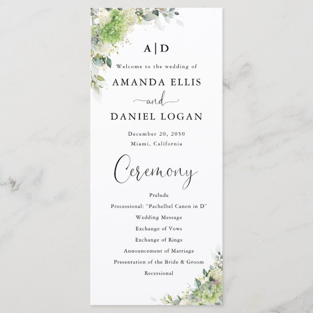 Programme de Mariage aux Hortensias Verts (Devant)