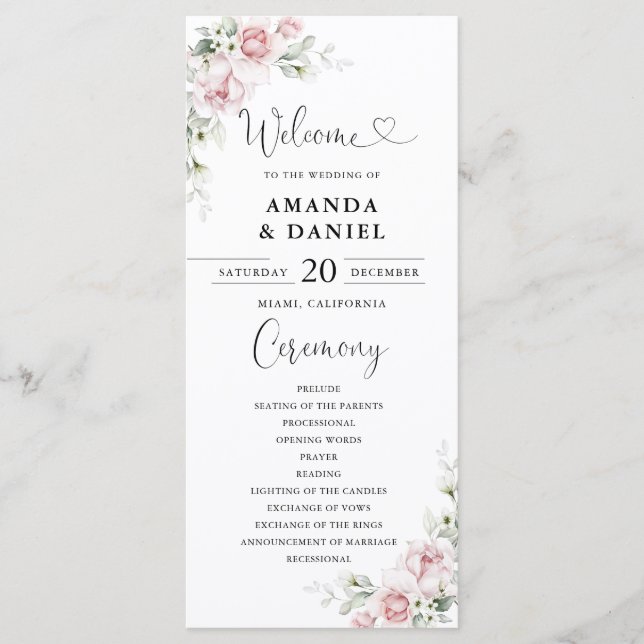 Programme de mariage aux roses roses blush (Devant)
