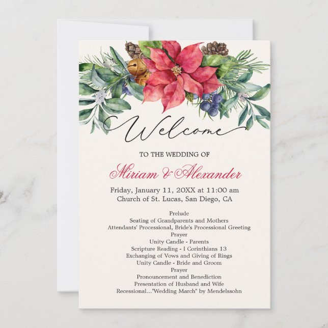 Programme de mariage avec feuillage et poinsettia (Devant)