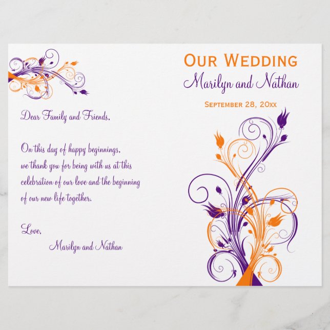 Programme de mariage | Blanc orange violet| Floral (Devant)