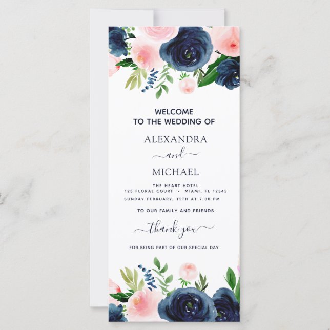 Programme de mariage bleu bleu rose floral (Devant)