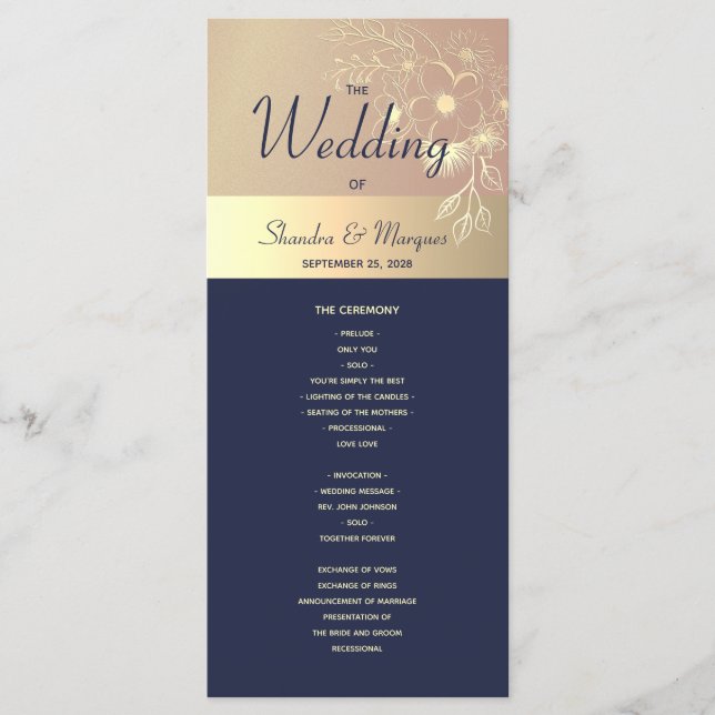 Programme de mariage bleu et Rose or de la Marine (Devant)