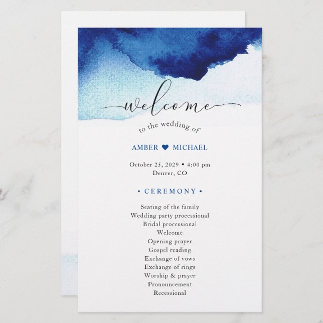 Programme de mariage bleu Indigo Aquarelle moderne (Devant / Derrière)