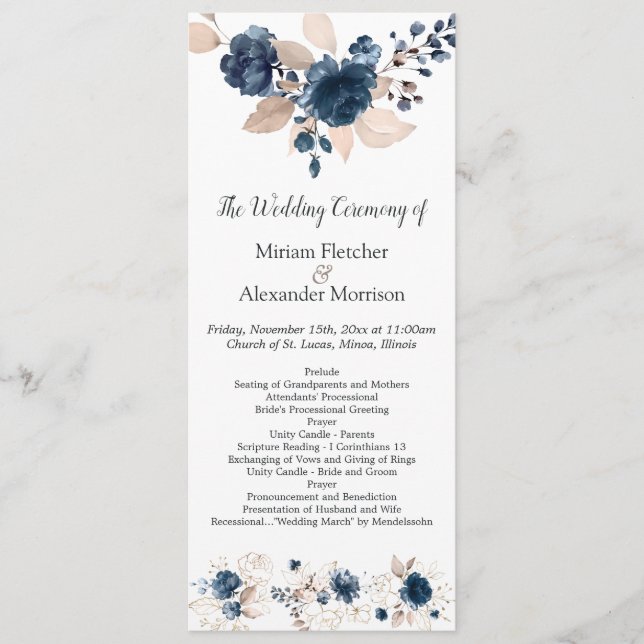 Programme de mariage bleu marine floral (Devant)