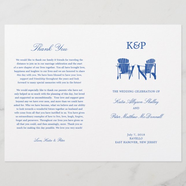 Programme de mariage | Blue Adirondack Beach Chais (Devant)